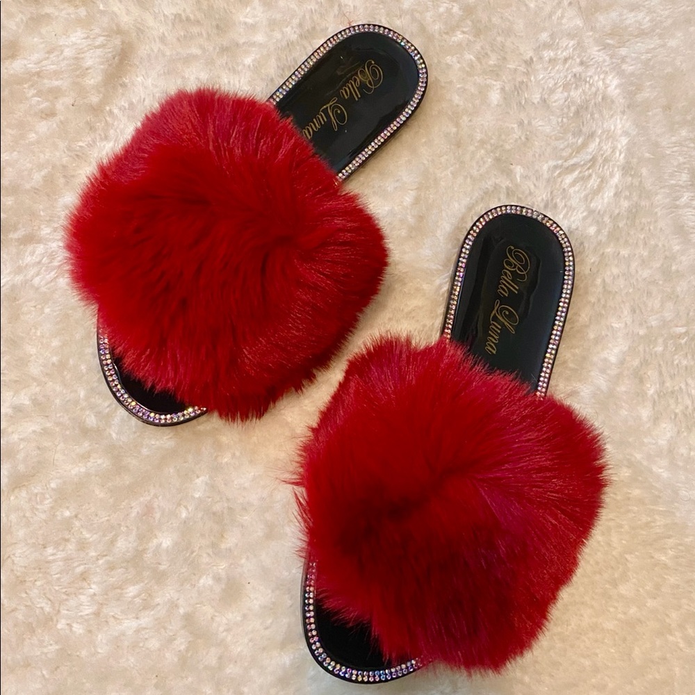 NWT Box Red fluffy slides black jelly bottoms